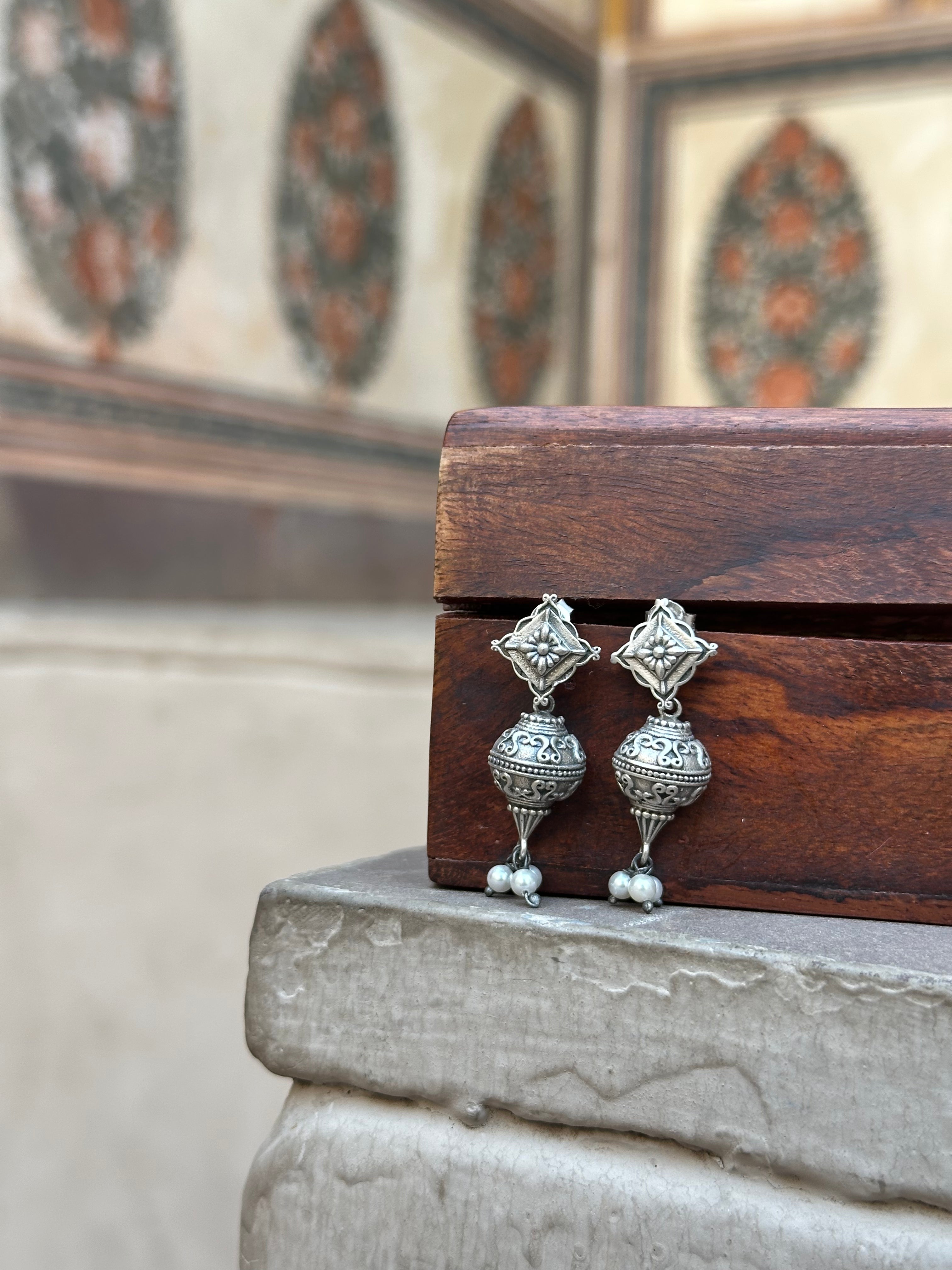Antique  Silver Oxidised Earrings with Dome Jhumki